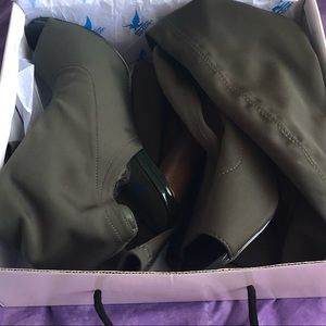 Connie-1 Olive Lycra Thigh High Peek Toe Boots